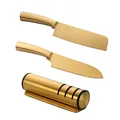 Set da cucina 3 pezzi in oro spazzolato con mannaia, coltello santoku e affilacoltelli - Stile Affilacoltelli Coltello da Chef E Coltello da Arrosto (Oro) / Oro