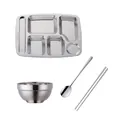 304 stainless steel 5-compartment tray set with bowl, chopsticks, and spoon - Set (Silver)