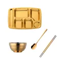 Golden 304 stainless steel 5-compartment meal tray set with bowl, spoon and chopsticks - Set (Gold)