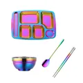 Rainbow finish 304 stainless steel 5-compartment tray set with bowl and utensils - Set (Rainbow)