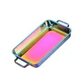 Regenbogenfarbene rechteckige Servierplatte aus Edelstahl mit Doppelgriffen - AB-Farbe