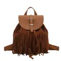 Caramel brown fringe backpack with top handle and buckle flap in premium suede texture - Brown