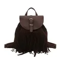 Retro dark brown bohemian tassel backpack with silver metallic buckle and leather straps - Coffee
