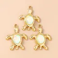 Three golden turtle pendants with iridescent opal stones for DIY necklace making - Pendant Only / 10 Pieces Pack / Gold Green