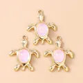 Three golden turtle pendants with pink cat eye stone inlays for DIY jewelry making - Pendant Only / 10 Pieces Pack / Gold Pink