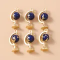 Set of 6 blue and gold globe charms for DIY earrings and necklace jewelry making - Globe