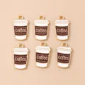 Set aus 6 Kaffeebecher-Anhängern aus Goldlegierung mit weißer und brauner Emaille - 10er Pack / Schriftzug und Kaffeetasse