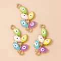 Three leaf-shaped evil eye jewelry charms with colorful enamel in gold metal frame - Colorful Gold