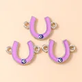Three horseshoe charms with purple enamel and blue evil eye detail for jewelry making - Silver Purple