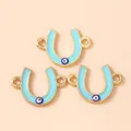 Pack of 3 horseshoe evil eye charm connectors with light blue enamel for DIY jewelry - Gold Blue