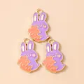 Three purple cartoon rabbit pendants holding carrots with gold plating for DIY jewelry - Purple