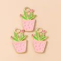 Three cute cactus enamel flowerpot charms in gold alloy for DIY jewelry and necklaces - Pink