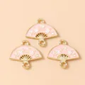 Pendentifs éventail rose avec alliage doré et motifs de fleurs de prunier blanches - Pendentif Éventail / Rose