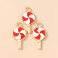 Three gold-plated candy lollipop charms with red and white enamel for DIY jewelry making - Red