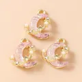 Set di 5 ciondoli a luna e stella placcati oro con resina rosa e strass per gioielli - 5 Pezzi/Confezione / Polvere d'oro