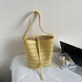 Yellow hollow out leather bucket bag with laser-cut geometric patterns and shoulder strap - Yellow Without Pendant