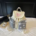 Cute beige heart backpack with contrast checkered and striped pockets for students - 30x16x31cm / Yellow