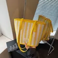 Yellow and cream striped canvas tote bag with leather straps and DAXI patch - Yellow