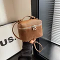 Brown textured leather crossbody box bag with suede details and top handle - 17*9*12 / Khaki