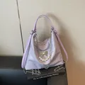 Lavender purple textured tote bag with butterfly detail and pearl chain decoration - 30cmx24cmx9cm / Purple