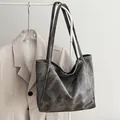 Grande borsa shopper retrò in pelle grigio scuro con lunghe tracolle sottili - Senza Ciondolo / Marrone Scuro