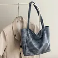 Retro grey-blue textured faux leather tote bag with large capacity and thin straps - No Pendant / Blue