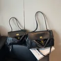Minimalist black leather tote bags in two sizes with elegant gold metal buckles - Large / Black