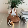 Chic brown leopard print bowling bag with shoulder straps and cute plush bear charm - With Pendant / Brown