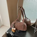 Brown suede bowling bag with double zippers and cute teddy bear charm pendant - With Pendant / Coffee