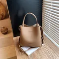 Khaki lychee texture leather bucket bag with top handle and crossbody strap - 19*19*12 / Brown