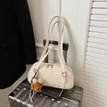 Beige Boston shoulder bag in faux leather with a cute plush bear charm decoration - With Pendant / Off White
