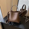 Dark brown lychee pattern leather bucket bag with handle and crossbody strap - 19*19*12 / Brown