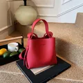 Chic red lychee pattern leather bucket bag with top handle and adjustable shoulder strap - 19*19*12 / Red