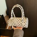 Chic white polka dot Boston handbag with a lace bow and pearl charm accent - With Pearl Lace Charm / White