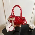 Red polka dot cylinder handbag with white lace bow and pearl tassel details - With Pearl Lace Charm / Red