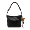 Glossy black PU leather tote bag with silver metal bow and plush bear charm - Black