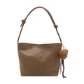 Brown PU leather tote bag with silver metal bow and plush bear charm decoration - Khaki