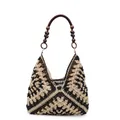 Bohemian hollow woven tote bag with contrast stitching and decorative wooden beads - Black