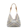 Woven tote bag with cream and light blue floral patterns and wooden bead handle - Blue