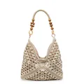 Beige woven hobo bag featuring contrast patterns and distinctive wooden bead handles - Beige and White