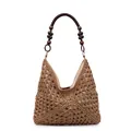 Handmade dark brown woven tote bag with wooden beads and crochet diamond pattern - Khaki