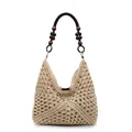 Handwoven beige straw tote bag with brown beaded handles and bohemian hollow crochet pattern - Off White