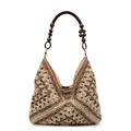 Woven geometric tote bag in brown tones featuring unique wooden bead handles - Beige & Khaki