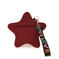 Star-shaped wine red coin purse with lychee pattern leather and LOVE embroidered strap - Burgundy