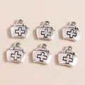 Set of 6 vintage silver alloy medical nurse hat charms with cross for DIY jewelry making - Antique Silver