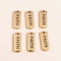Detailed view of six gold plated alloy rectangular charms with FAITH engraving - Gold