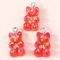 Three red translucent resin gummy bear charms with glitter and silver rings for DIY jewelry - Red