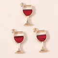 Three gold red wine glass charms with red enamel inlay for DIY necklace jewelry - Red