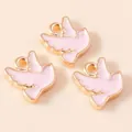 Pink enamel bird pendants with gold finish for DIY jewelry making, set of three - Pink