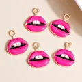 Set of five vibrant pink enamel lip charms with gold-plated edges for DIY jewelry making - Rose Red